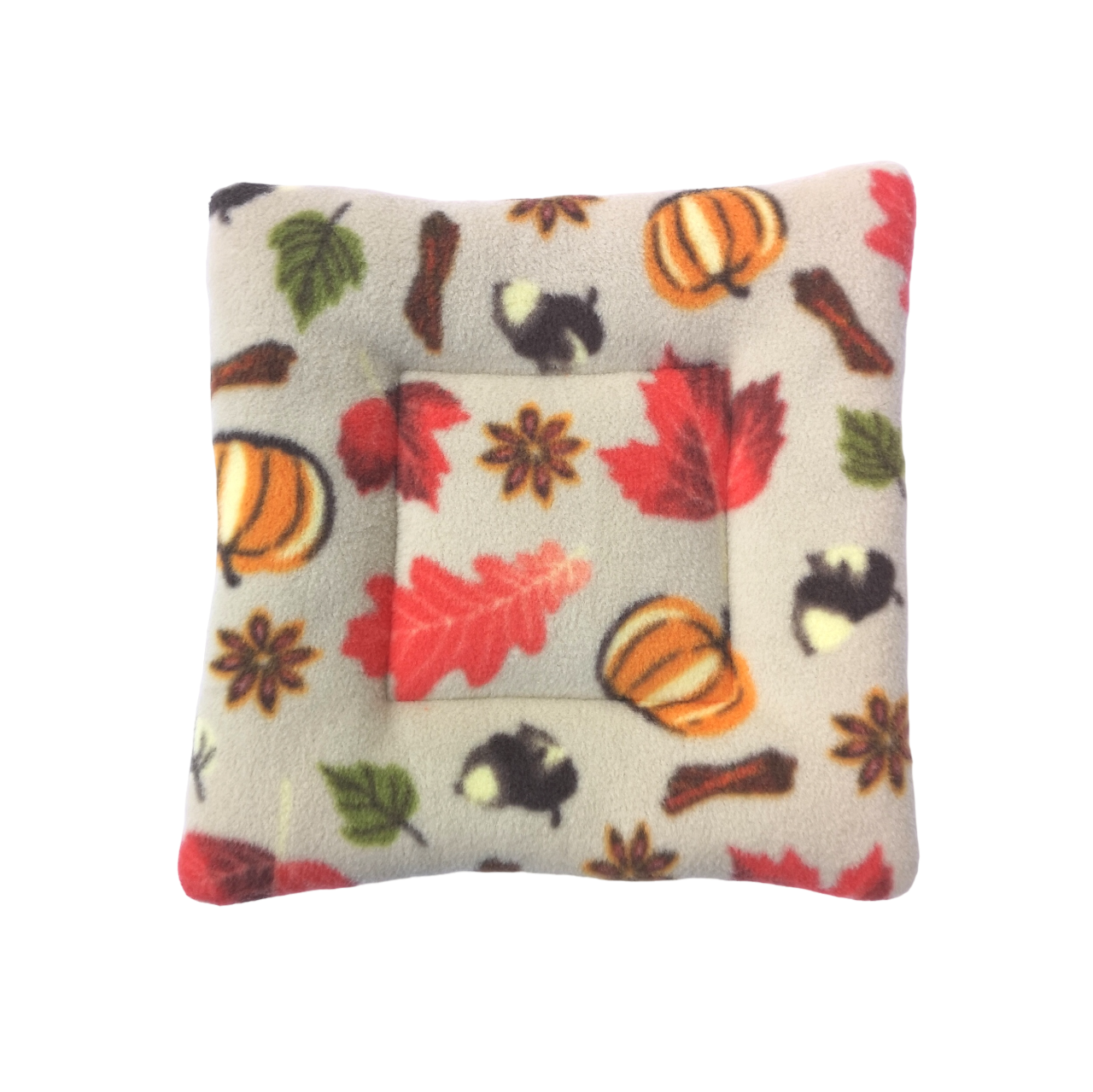 Padded guinea pig sleeping mat with a soft fleece surface, featuring an autumn leaves print. Ideal for small pets to rest comfortably in cages or playpens.