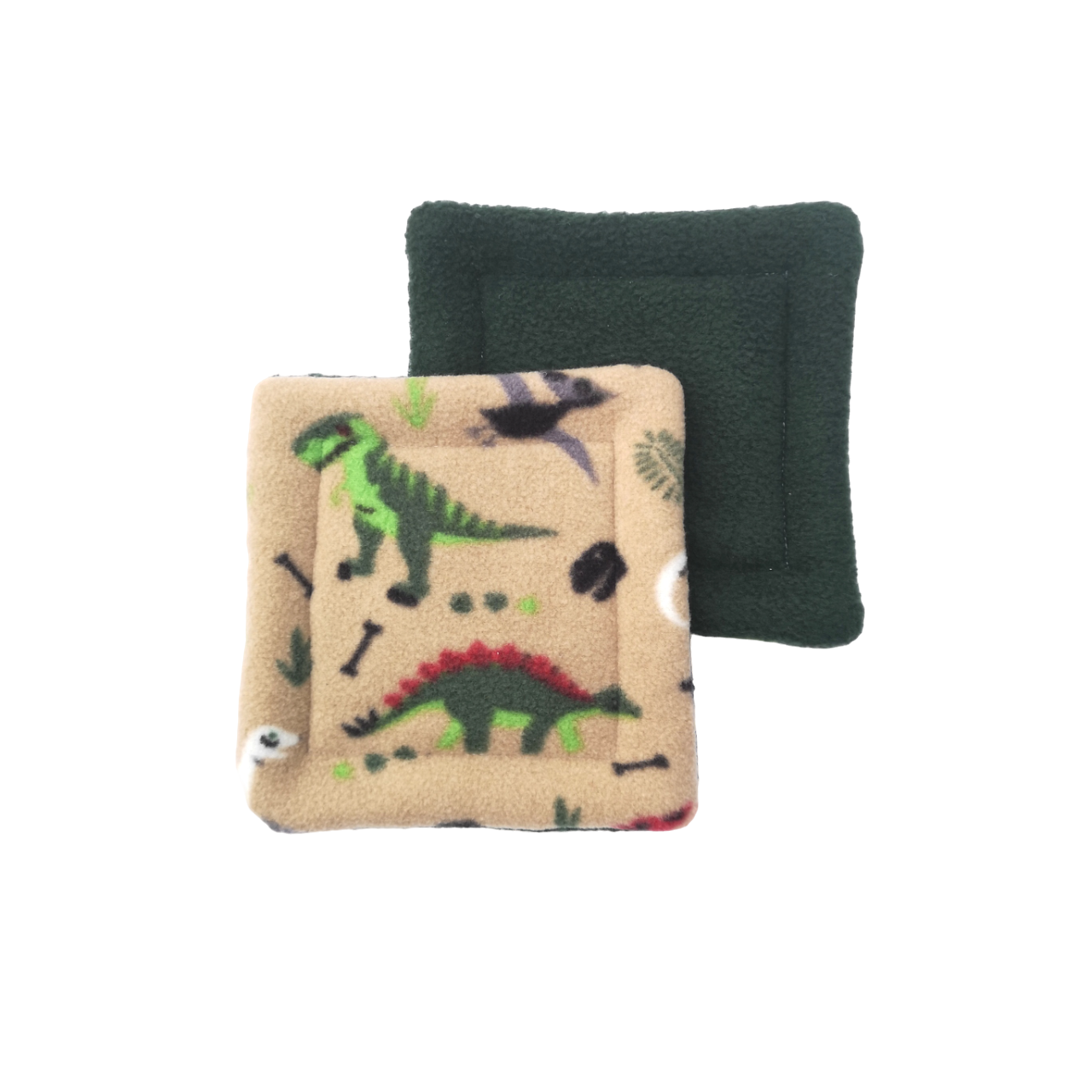 A set of two fleece water bottle drip mats with a dinosaurs print on a white background, one mat showing the top side with dinosaur prints and the other showing the dark green bottom side