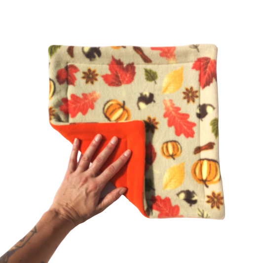 A hand holds an Autumnal themed print fleece pet pee pad featuring leaves and pumpkins with an orange reverse side