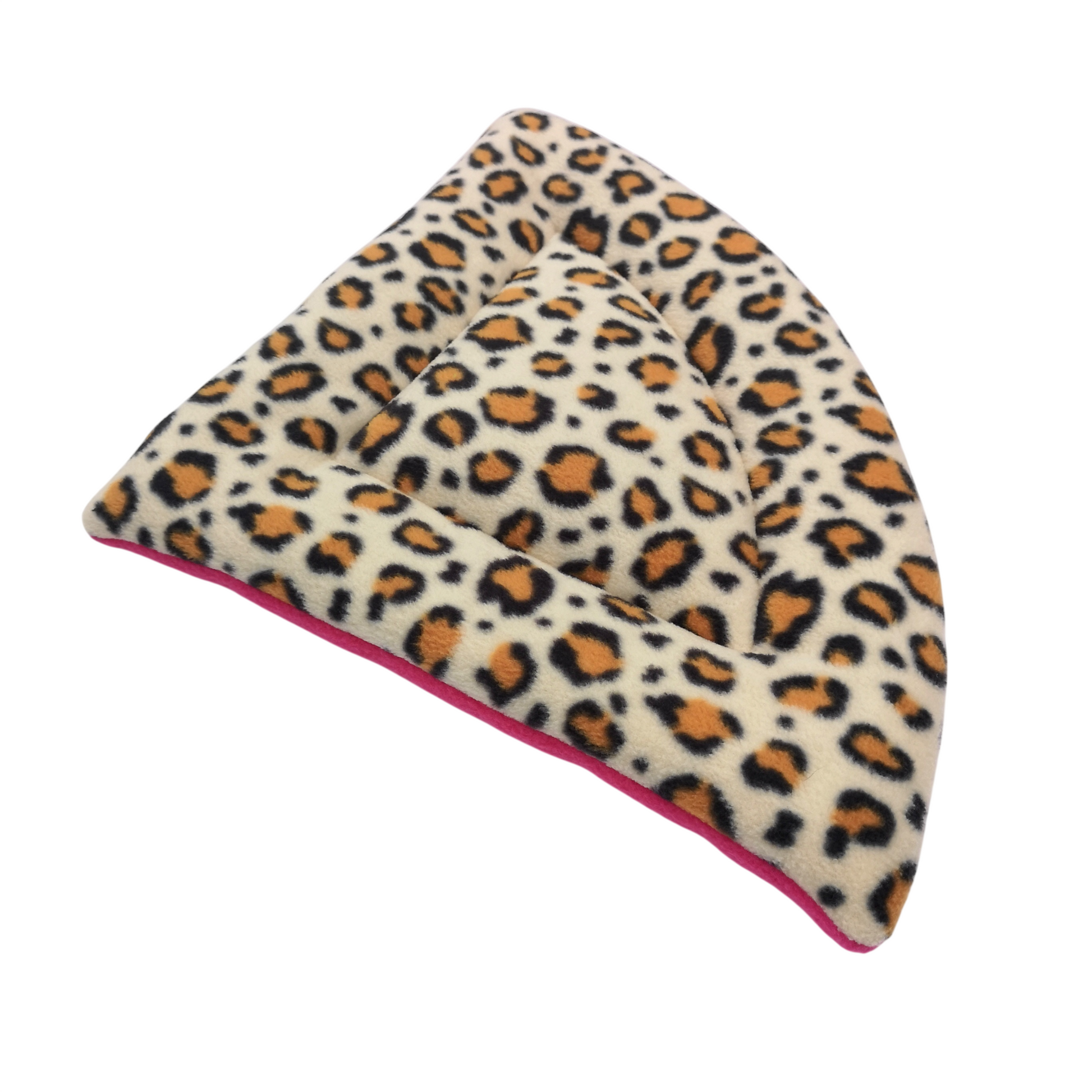 A plush pet bed with a leopard print pattern in beige, brown, and black, featuring a bright pink underside.