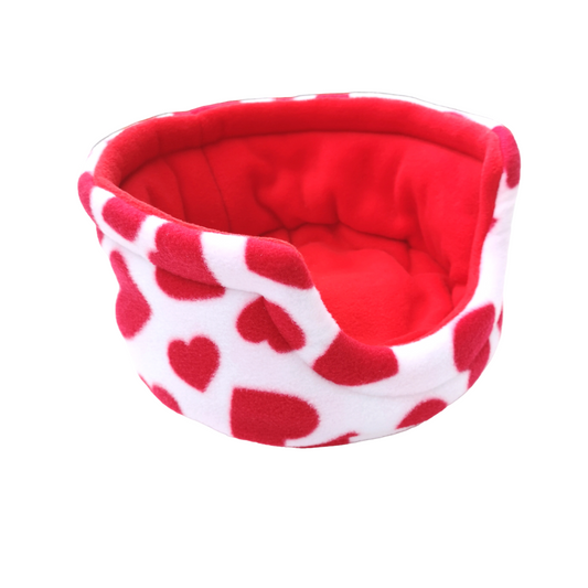 Fleece Cuddle Cup Bed | Red Hearts Print | Choose Inner Colour