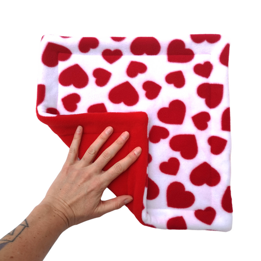 A hand holds a red hearts on white print fleece pet pee pad with a red reverse side